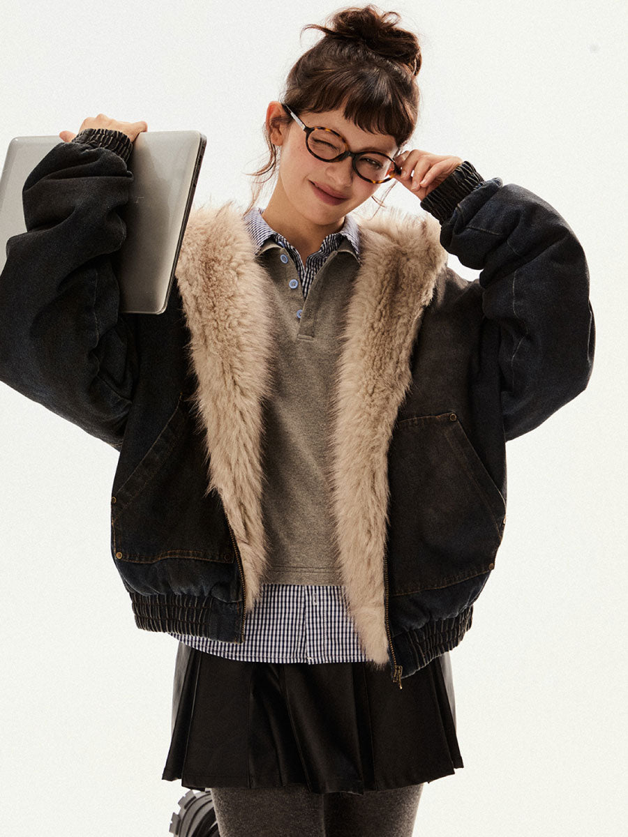 フェイクファーデニムフーディブルゾン EZ199