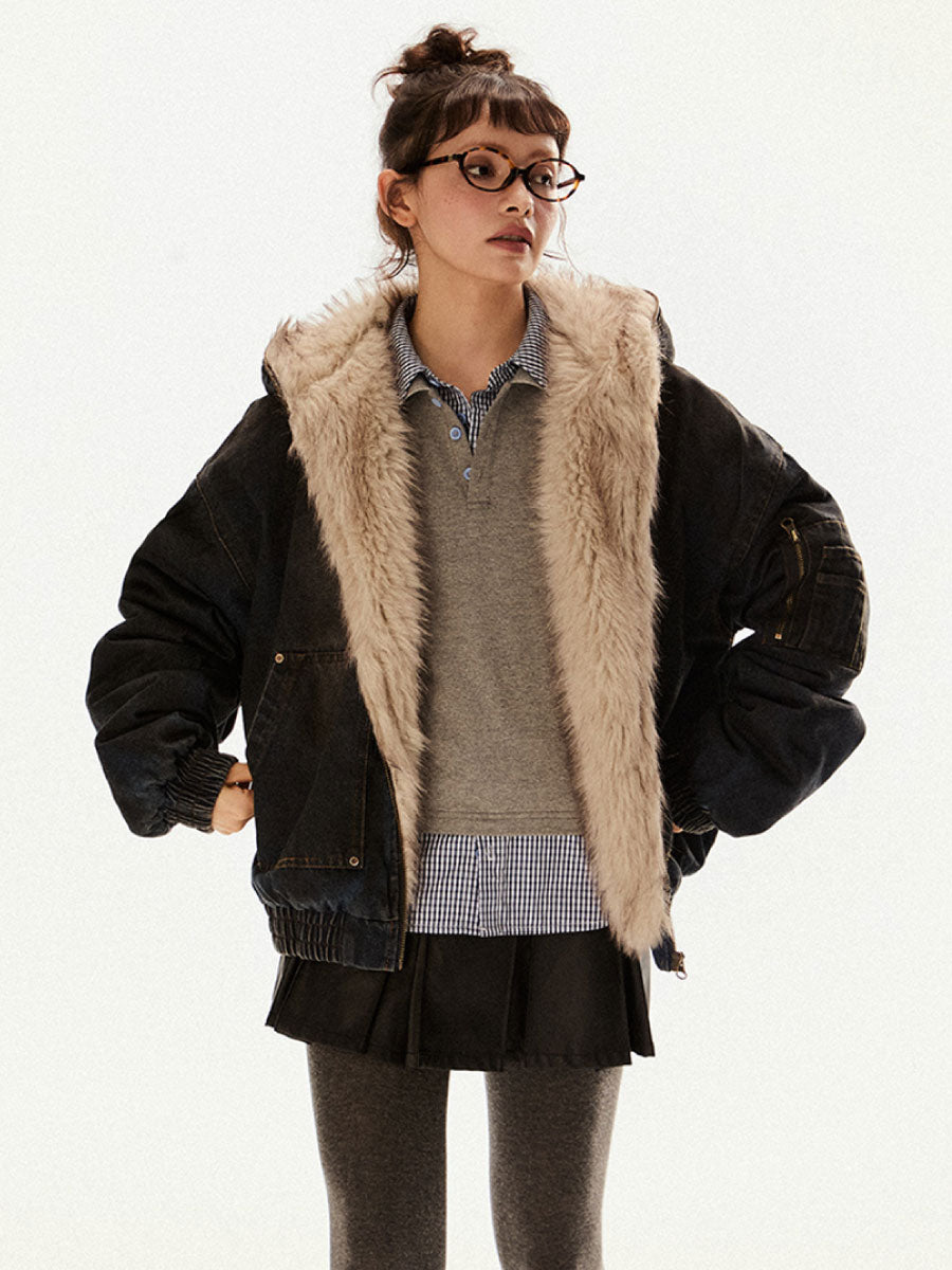 フェイクファーデニムフーディブルゾン EZ199