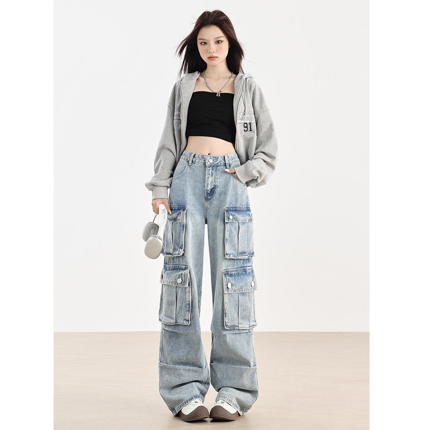 High-waisted Loose Washed Cargo Jeans MW10164