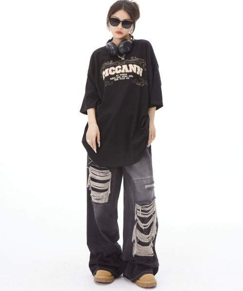 Damaged baggy denim pants PT7011