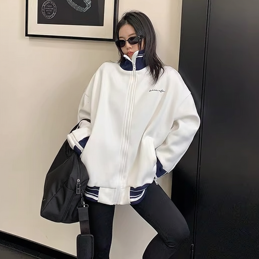 Zipper Accent Stand Collar Sweat Jacket OS2083