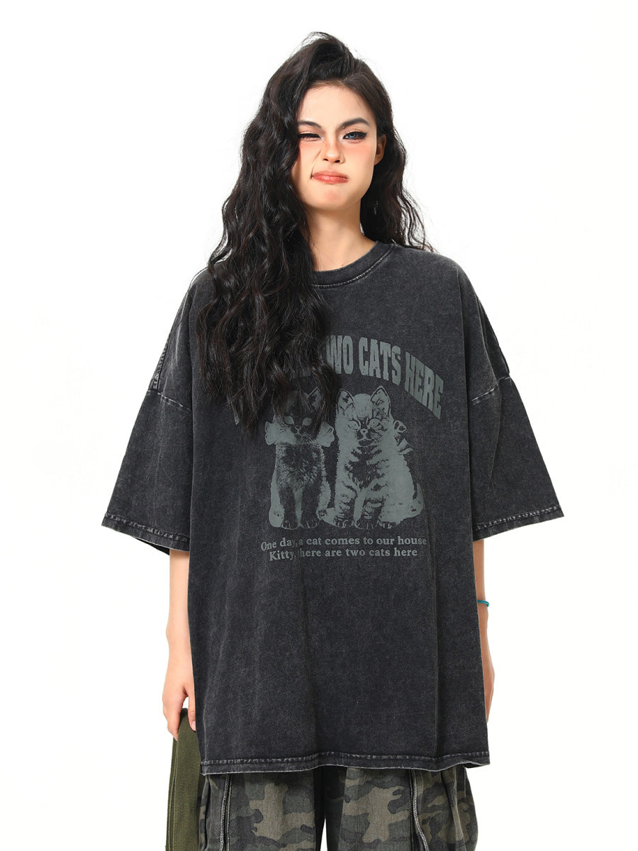 Washed Cat Print Oversize T-shirt HG7054