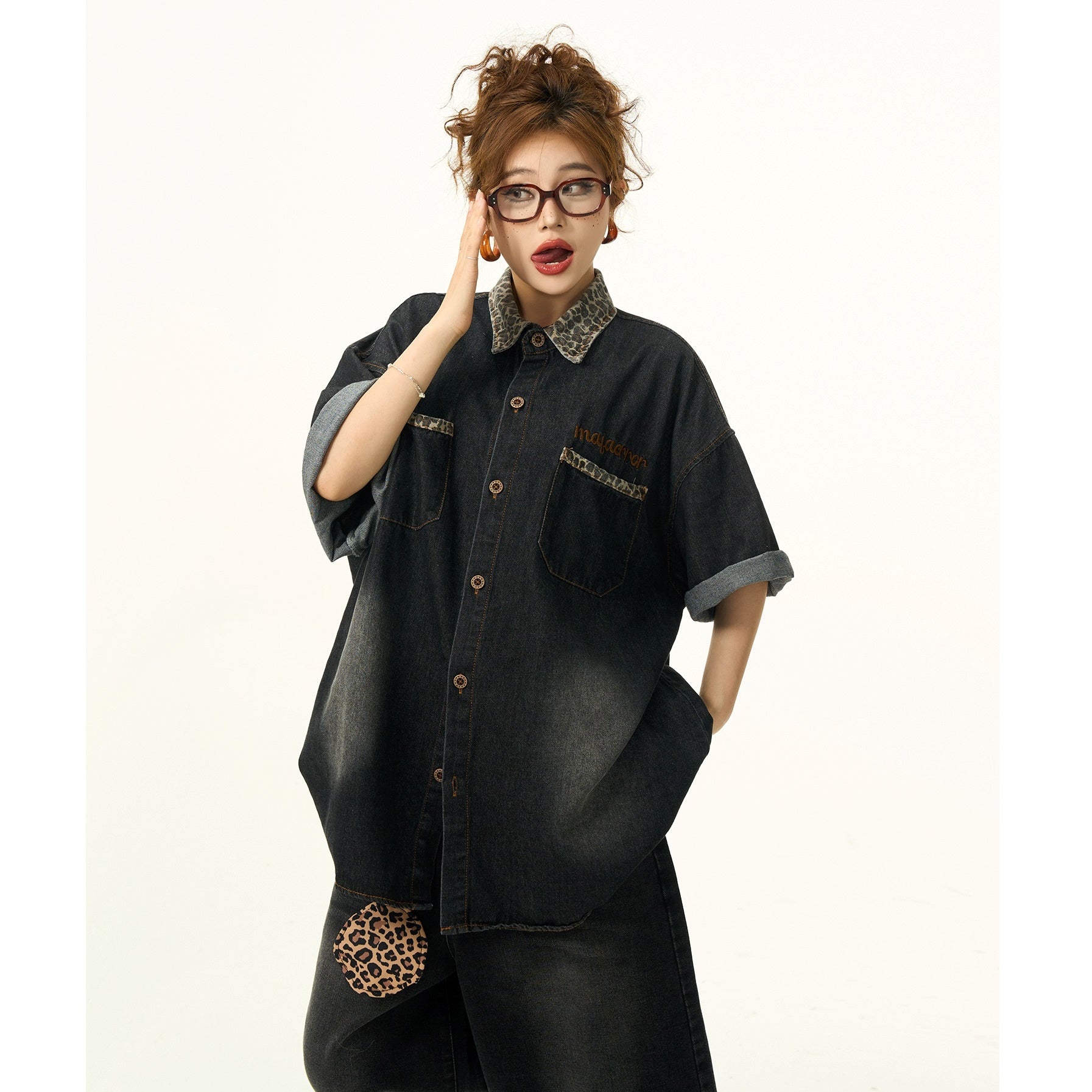 Leopard Print Panel Denim Short Sleeve Shirt HG7172