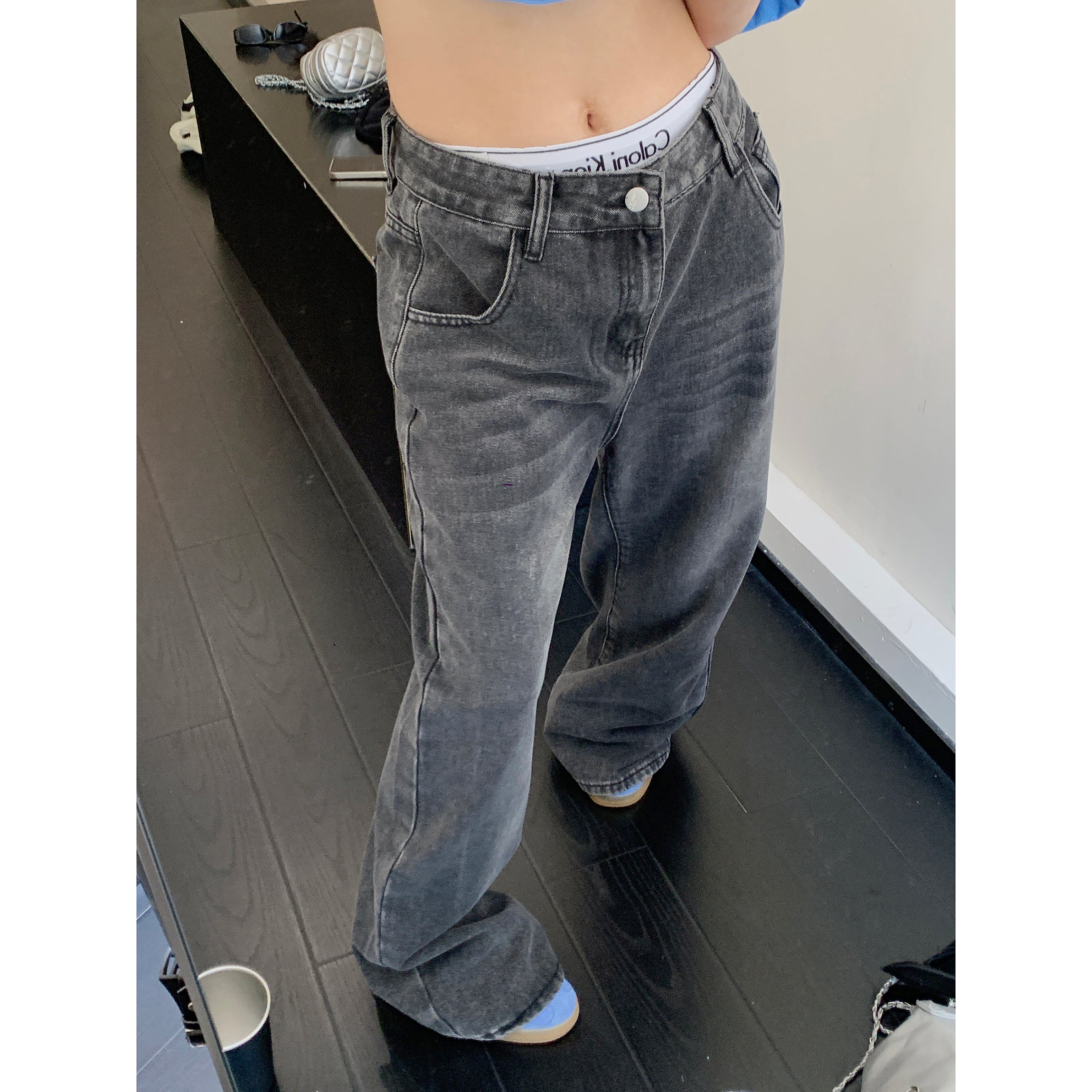 Distressed Whisker Loose Straight Wide-leg Jeans MW9240