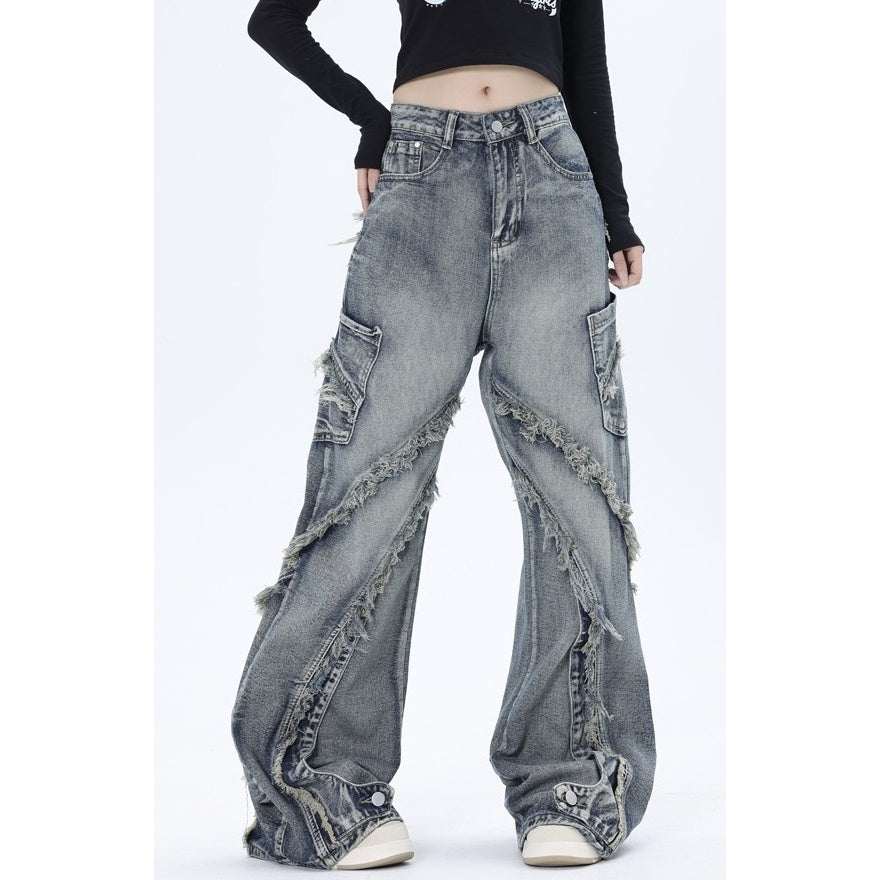 Wash Panels Raw Edge Loose Straight Jeans MW10062