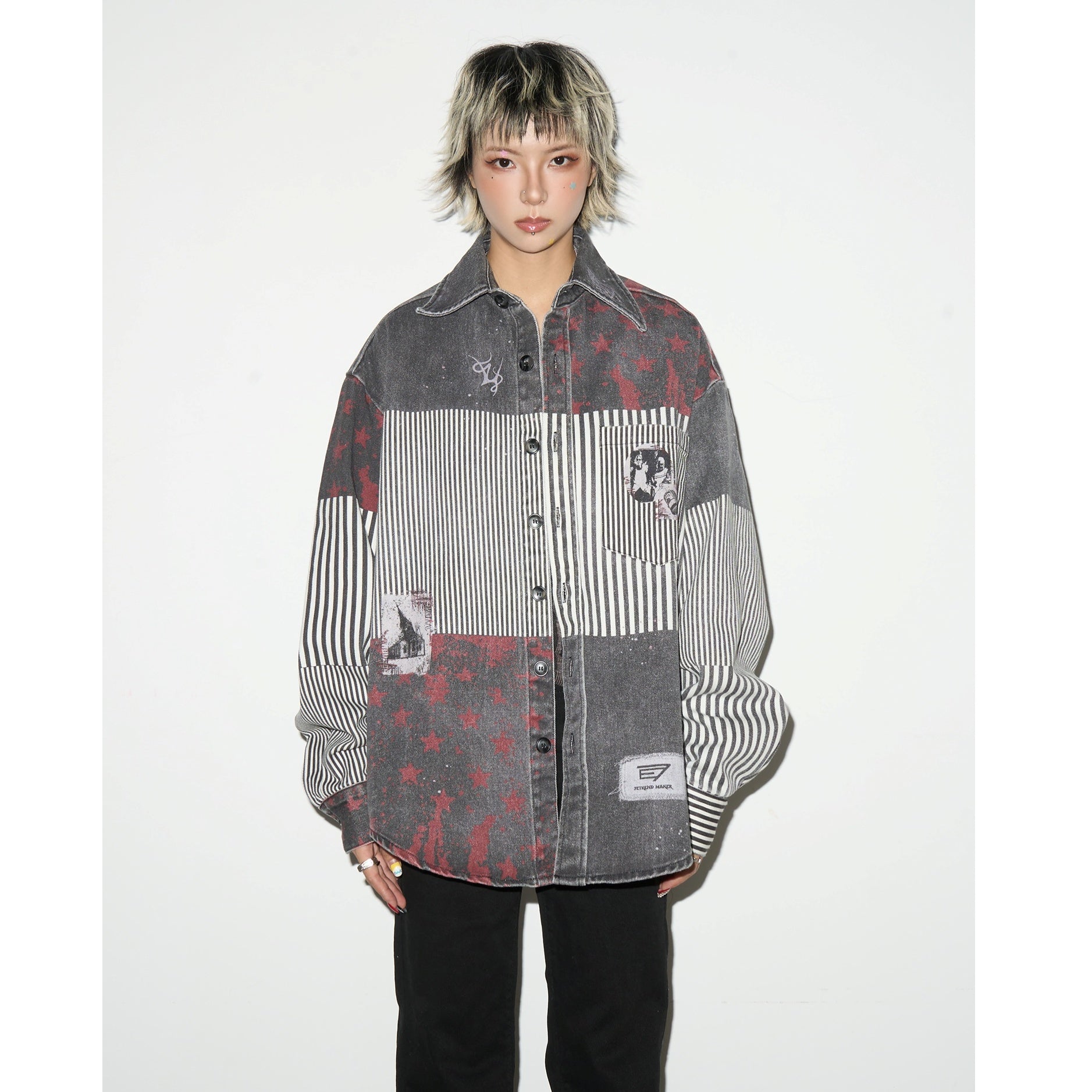 Washed Patchwork Striped Denim Shirt Jacket MN9002