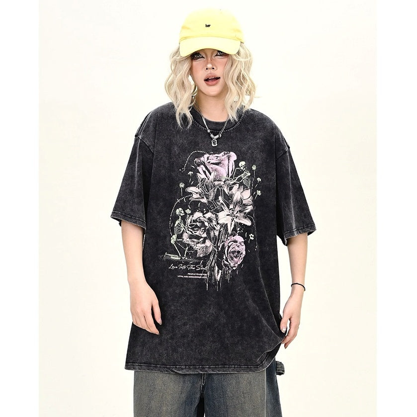 Skull Rose Print Wash Loose T-shirt MW9951