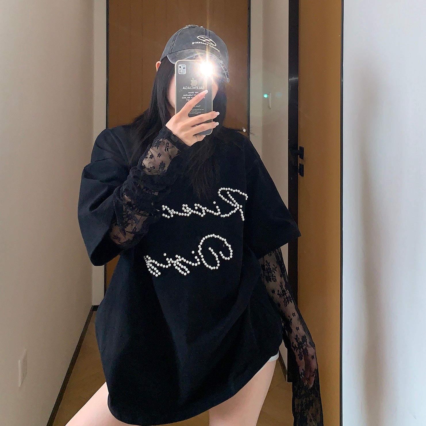 Fake Layered Lace Sleeve Beaded T-shirt MW10071