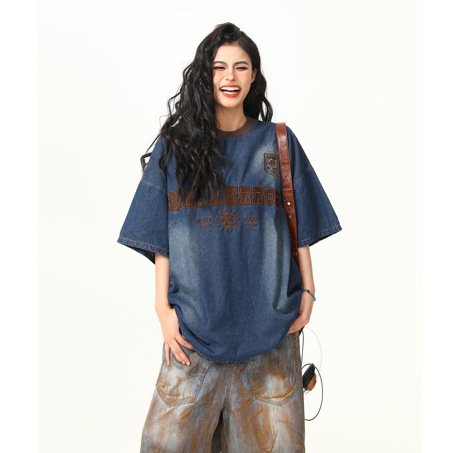Embroidery Washed Denim Loose T-Shirt HG7147