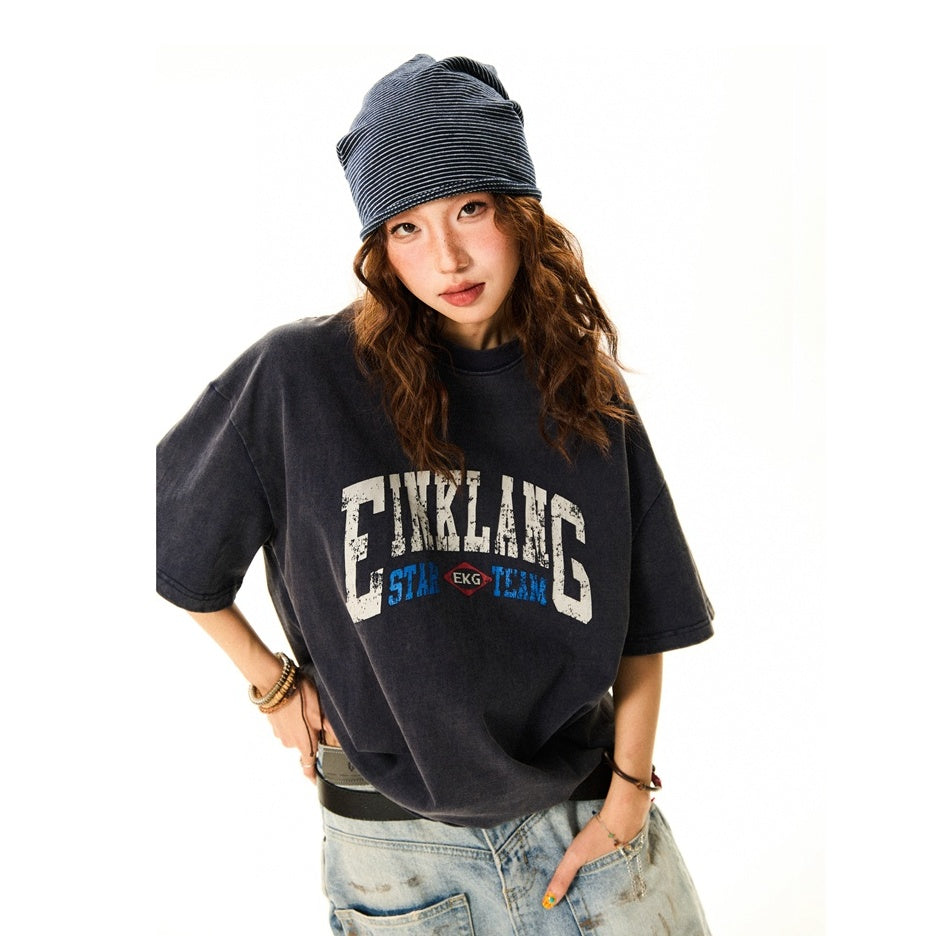 Vintage Style Washed Letter Print T-Shirt YS019