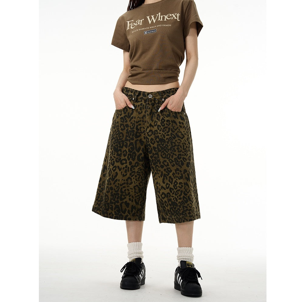 Leopard Print Loose Cropped Denim Short Pants MW9067