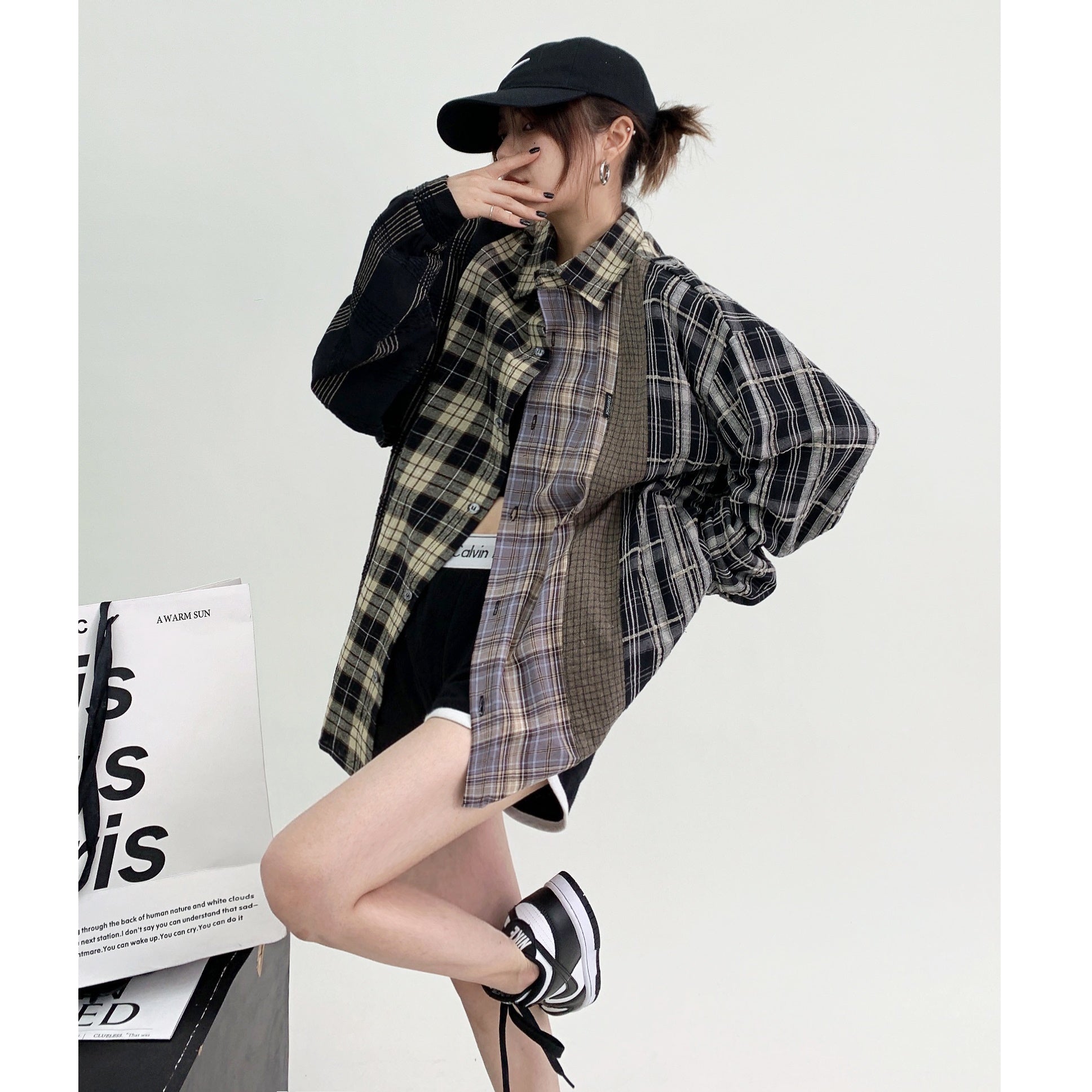 Polo Collar Loose Patchwork Plaid Shirt MW9032