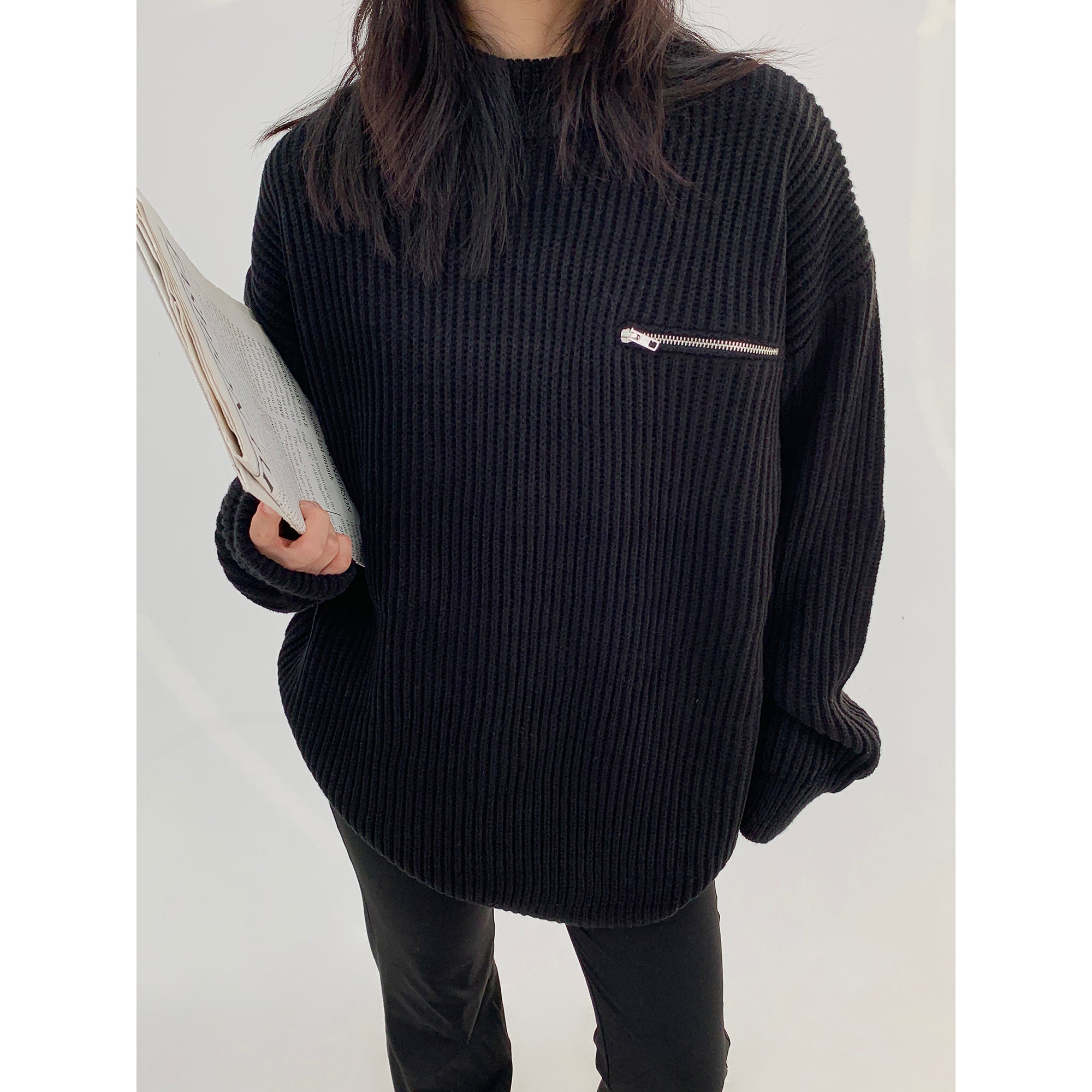 Zipper Design Loose Crewneck Sweater MW9779