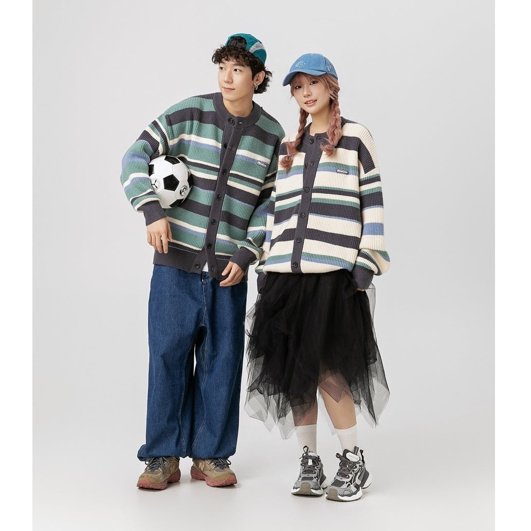 College Style Multi Border Round Neck Knitted Cardigan MY8316