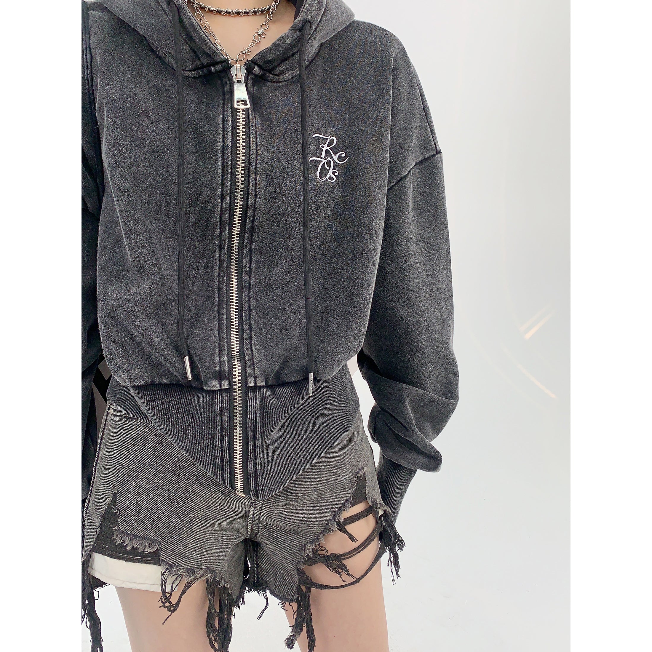 embroidery washed hooded zip-up short sweat MW9022