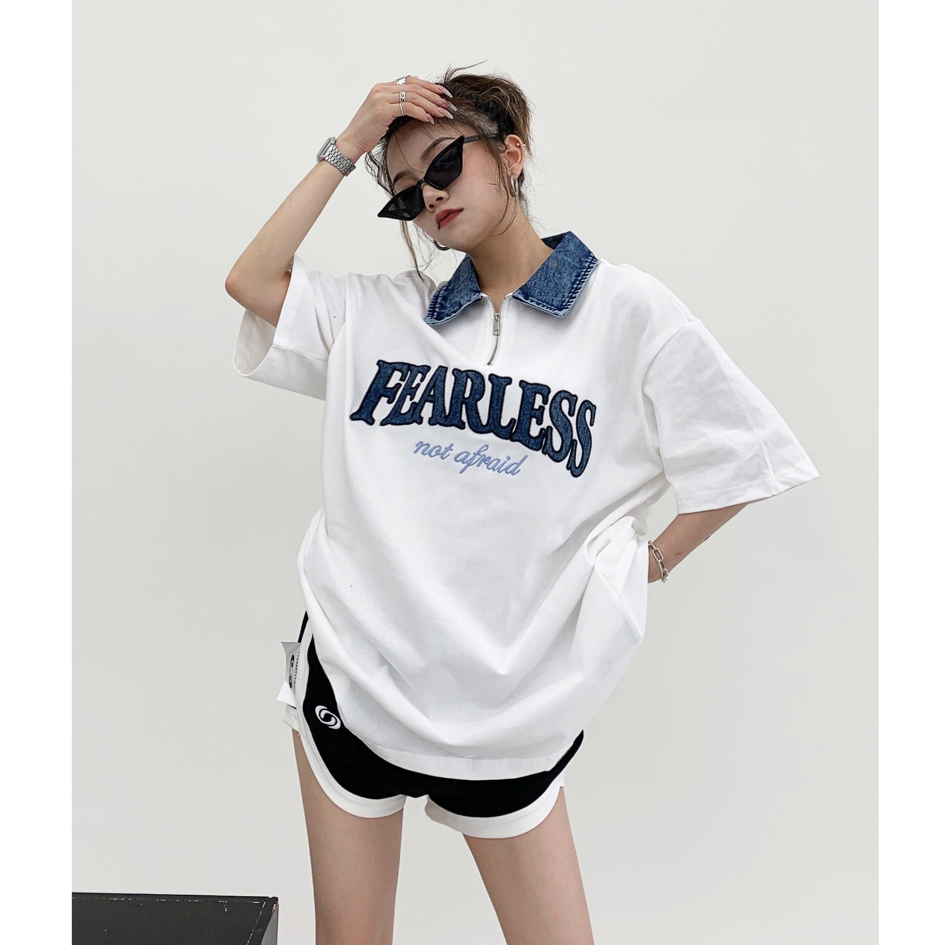 Loose Embroidery Denim Polo Collar T-shirt MW9048