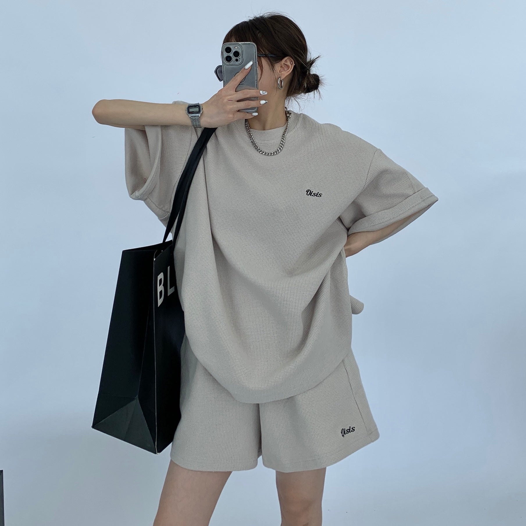 Waffle Embroidery T-Shirt & Shorts Set-up MW9029