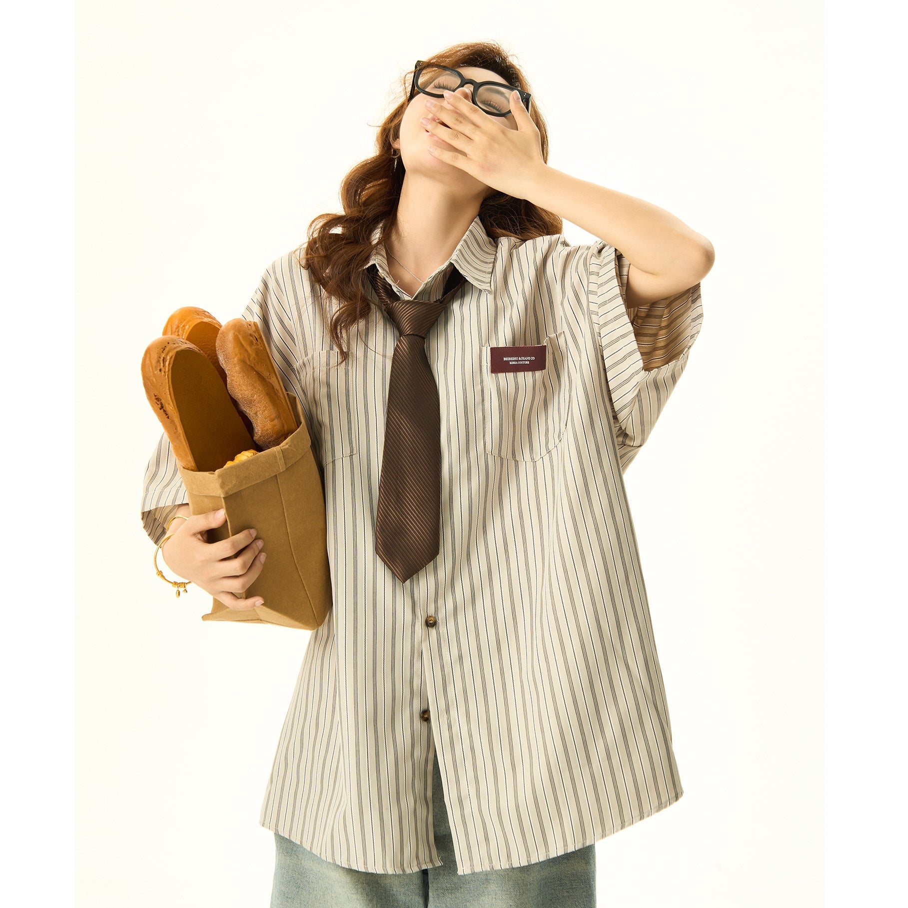 【ネクタイ別売り】Retro Vertical Stripe Short-sleeved Shirt HG7036