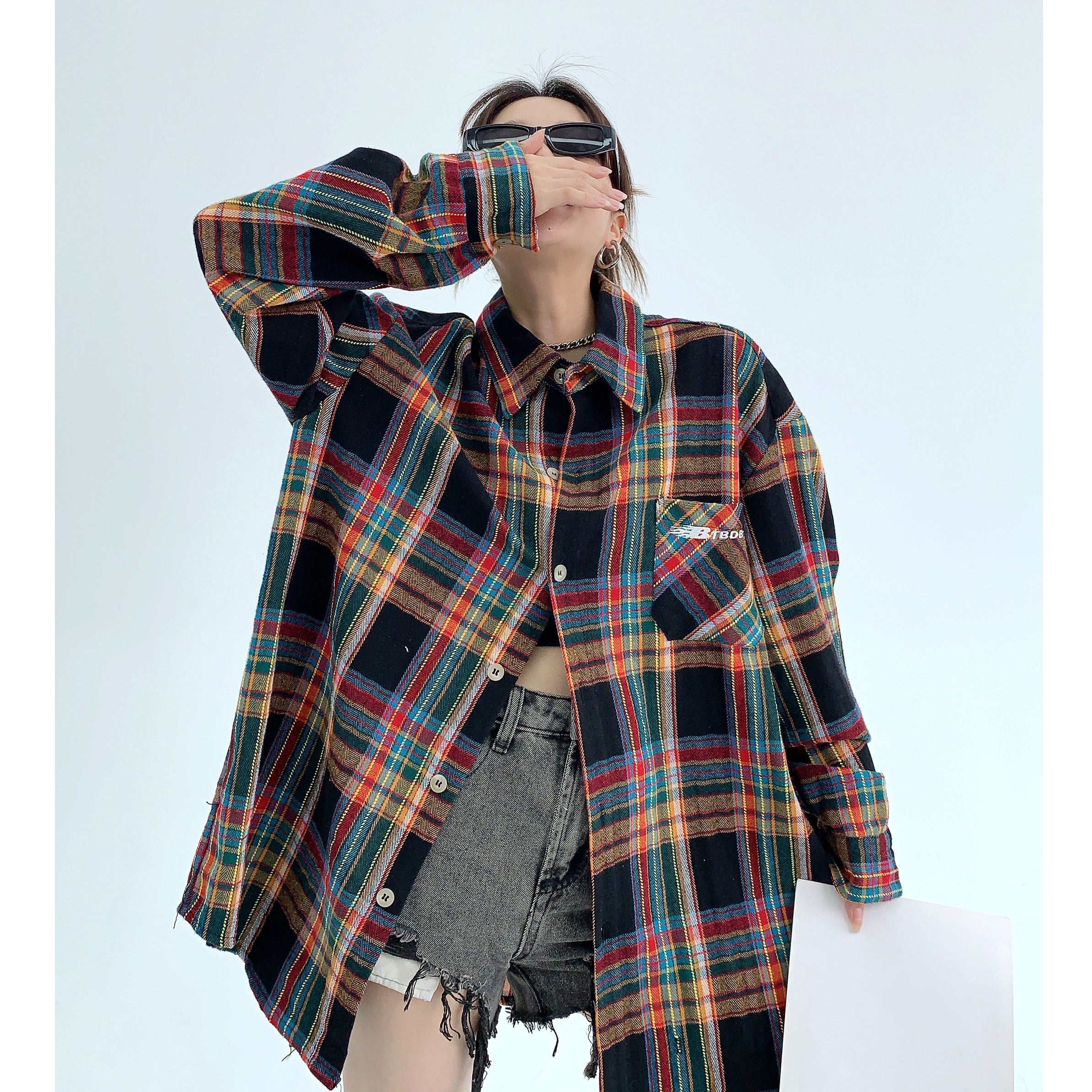 Oversize Embroidery Plaid Shirt MW9884