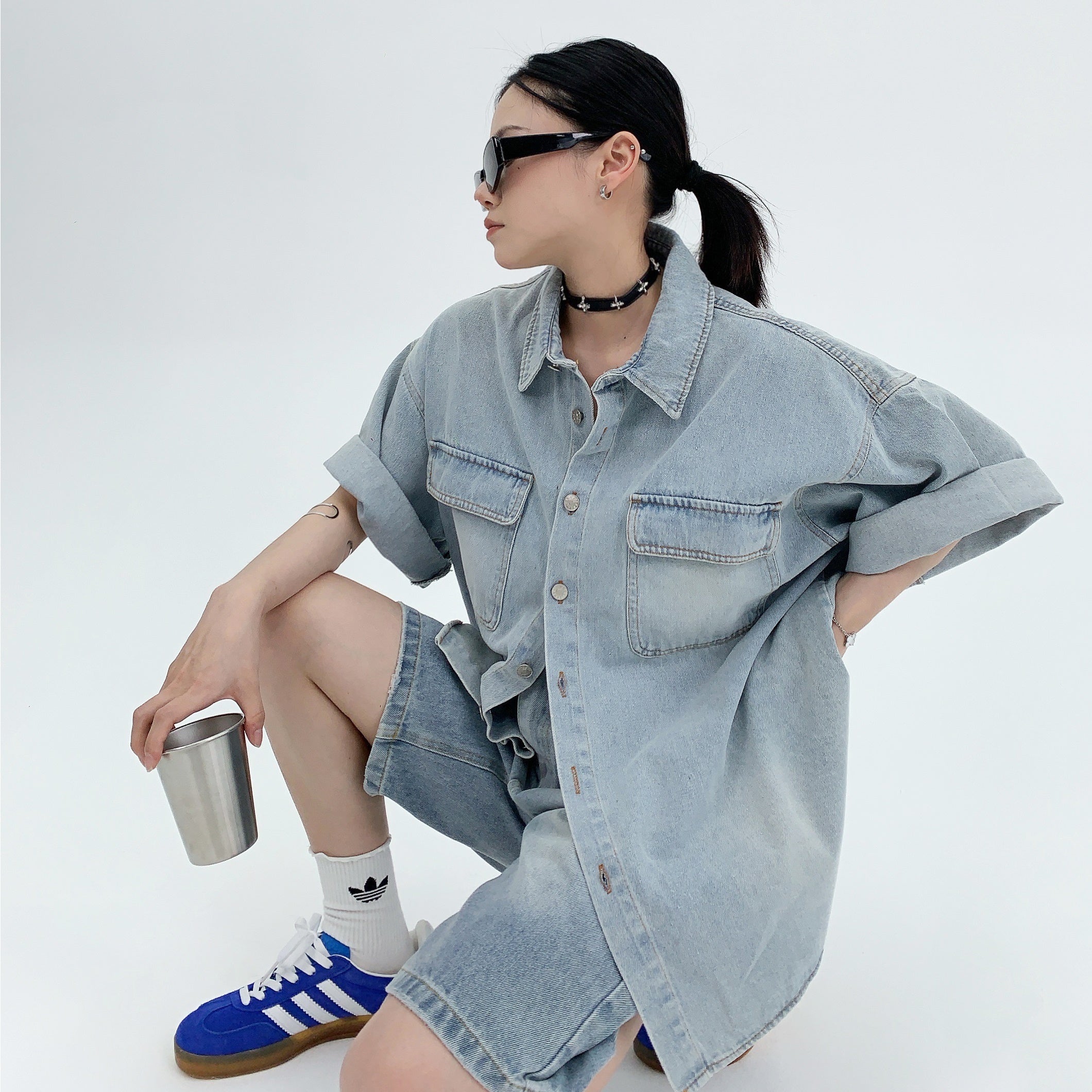 Distressed Denim Short-sleeved Work Shirt MW9164