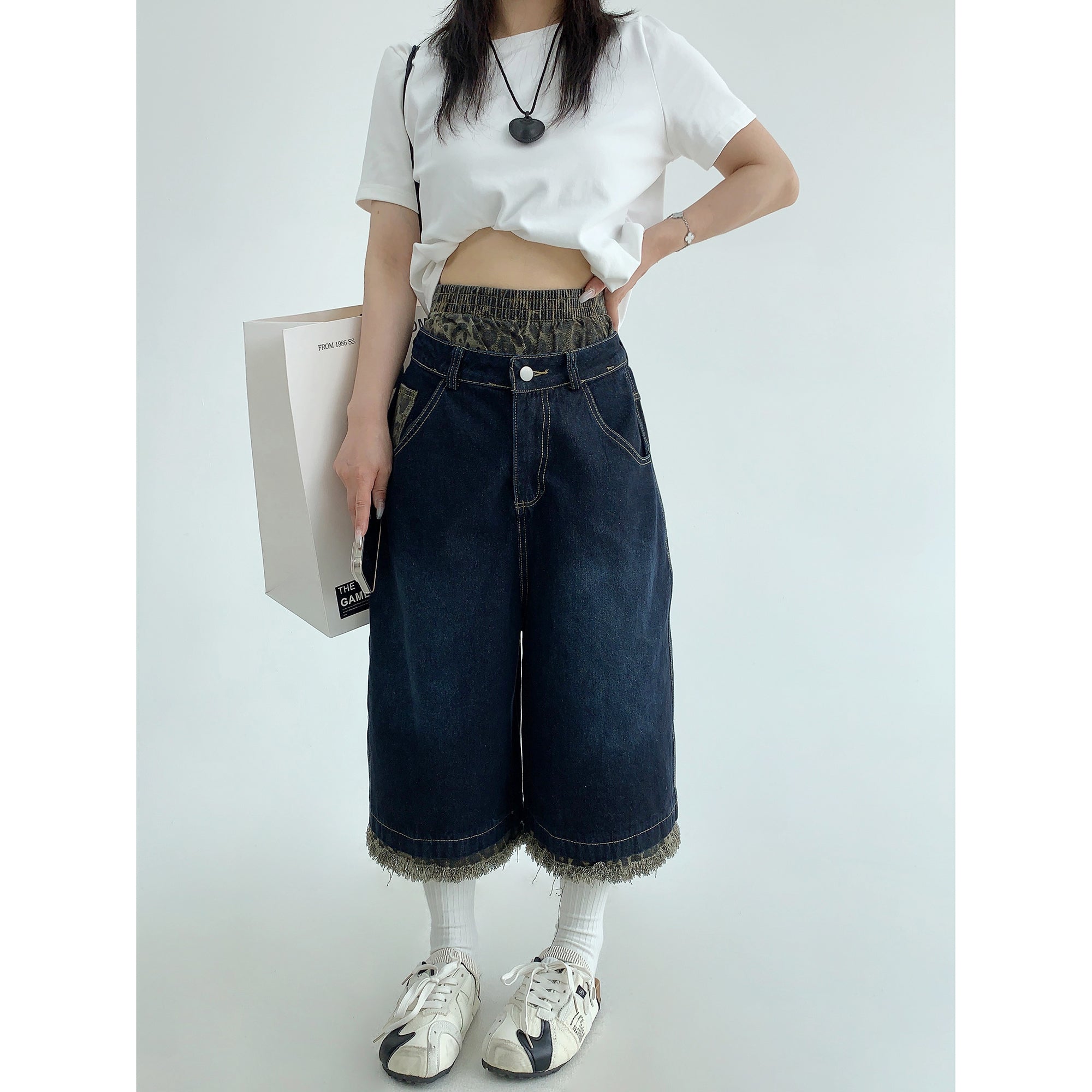 Double Waist Washed Denim Cropped Pants MW10055