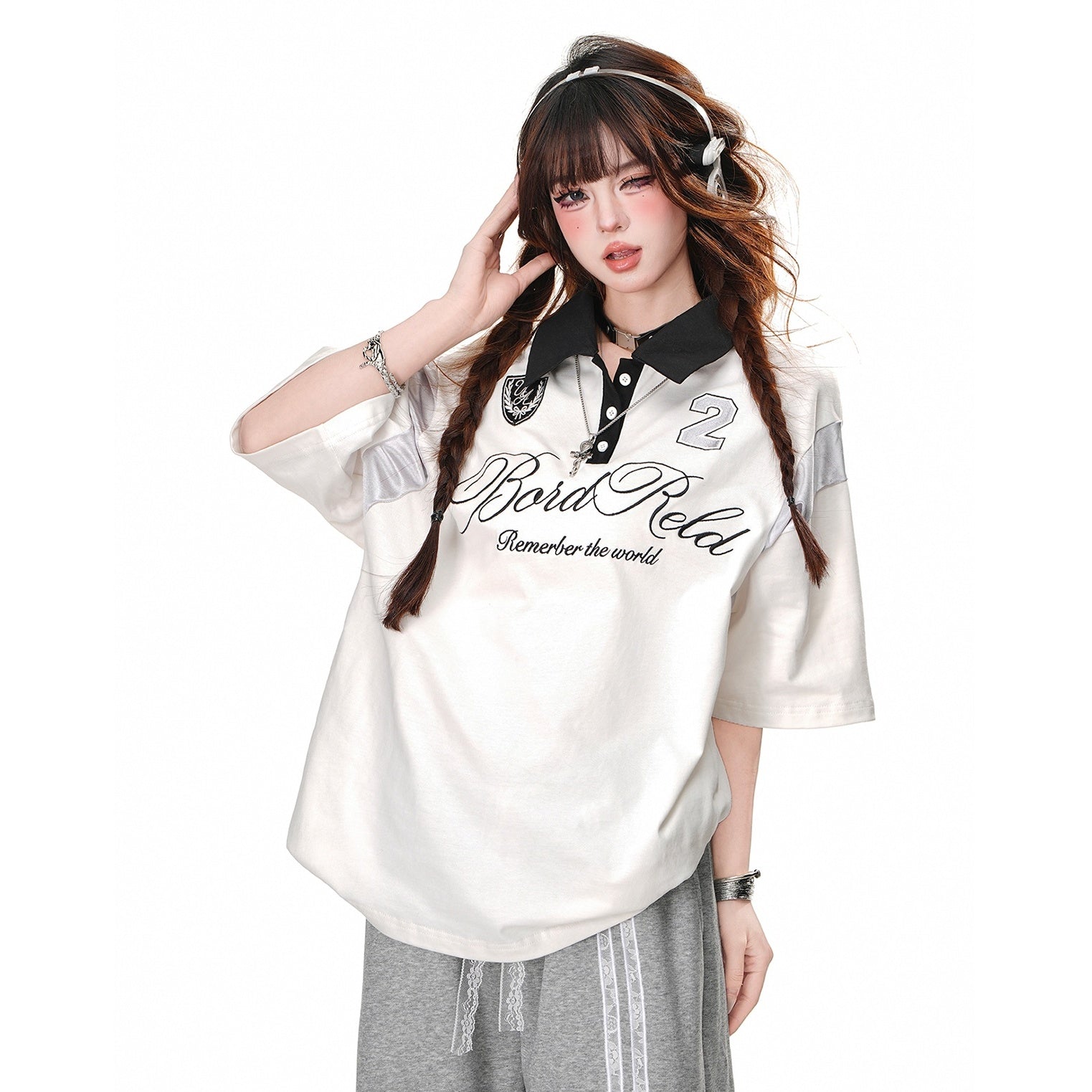 Bicolor Polo Collar Loose T-shirt KK2050