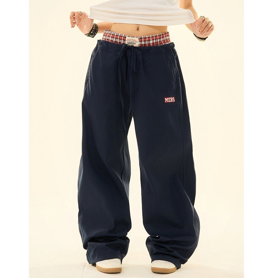 Double Waist Plaid Patchwork Loose Straight Pants MW9220