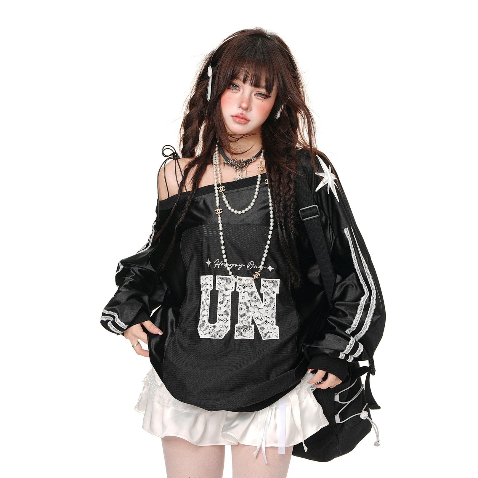 Lace Slanted Shoulder Baseball Style Pullover KK2002
