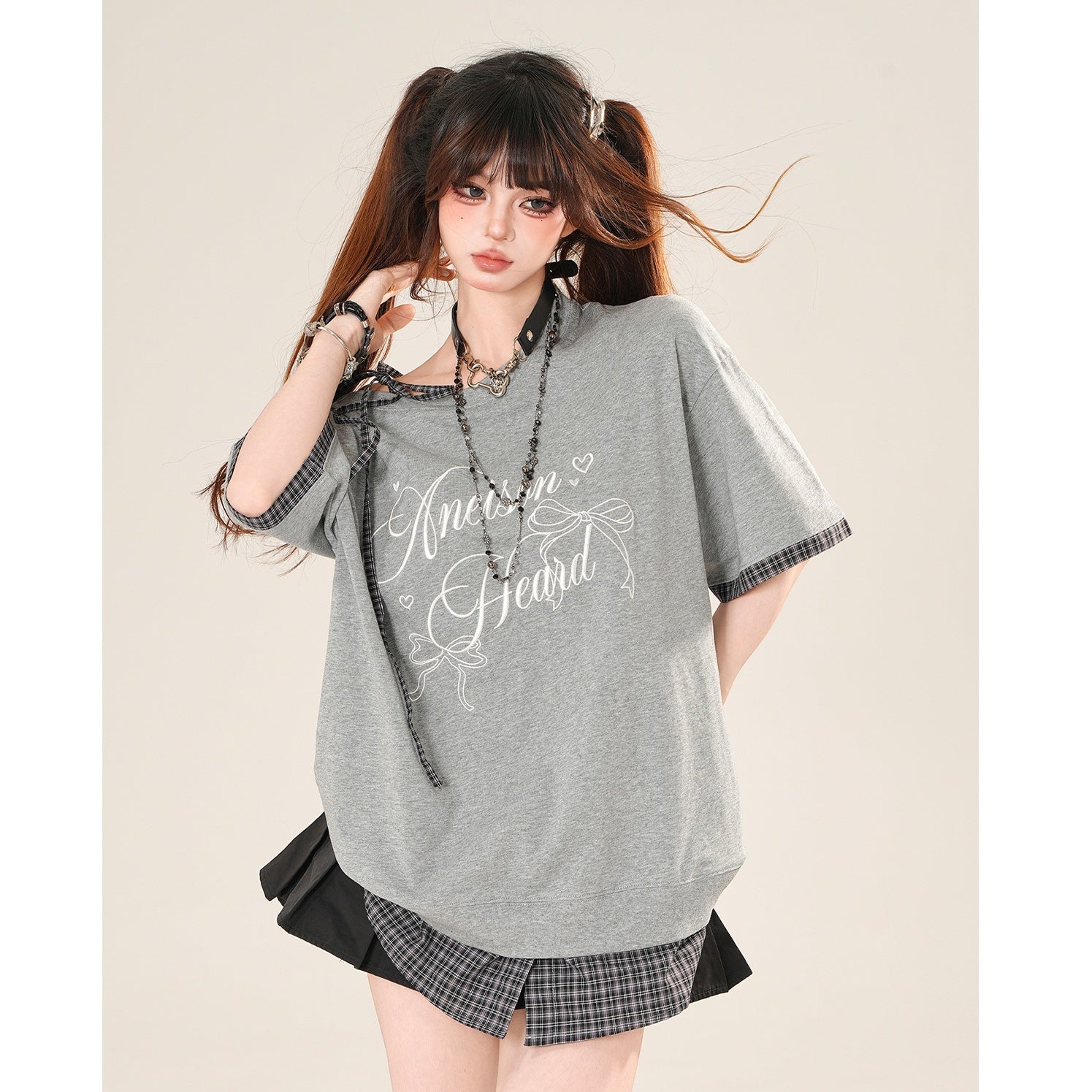 Check-Panelled Loose Neck T-shirt KK2059