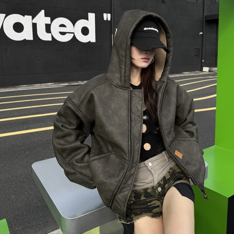 Retro Street PU Leather Boa Lining Hooded Jacket MW9574