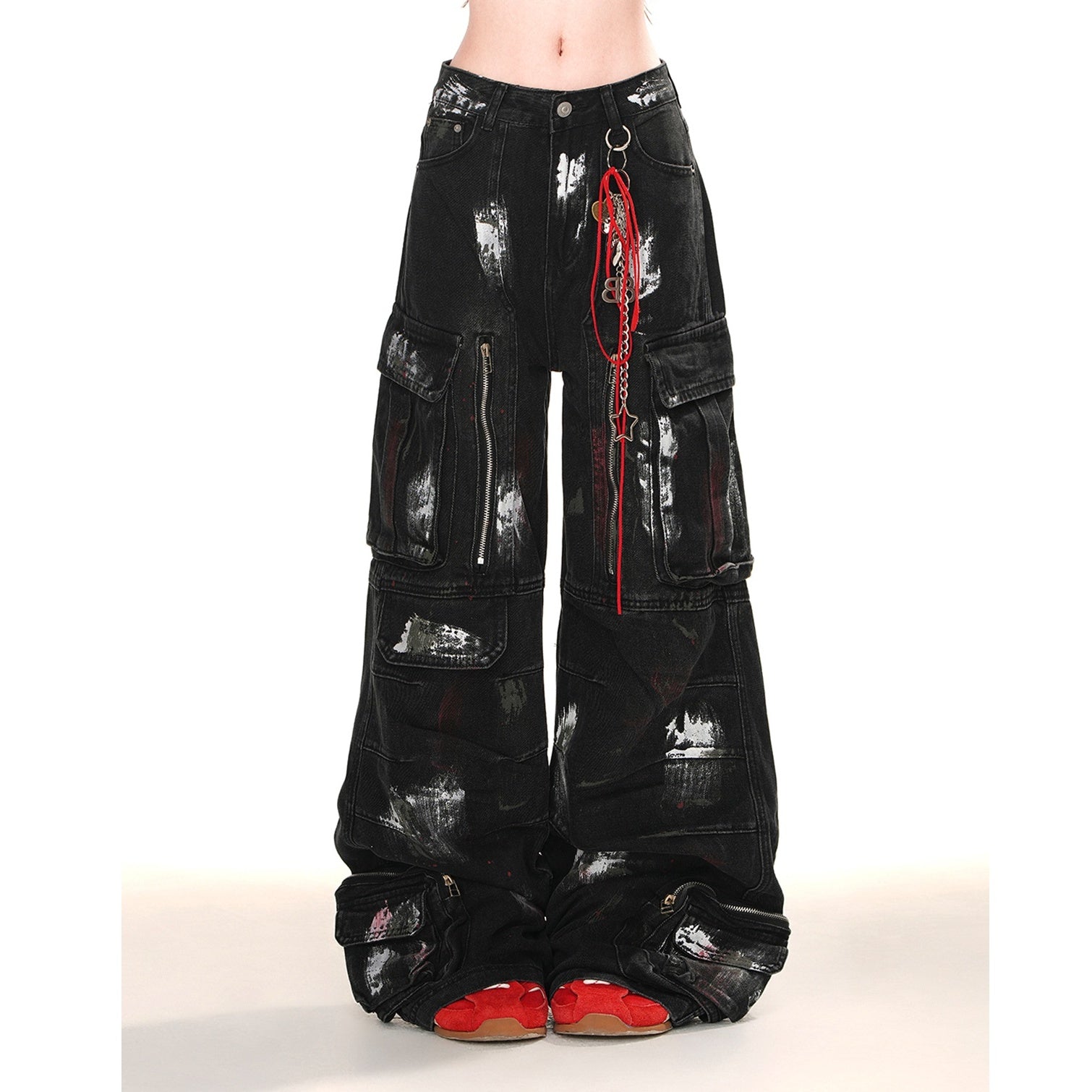 Paint Wide-Leg Zipper Cargo Jeans KK2055