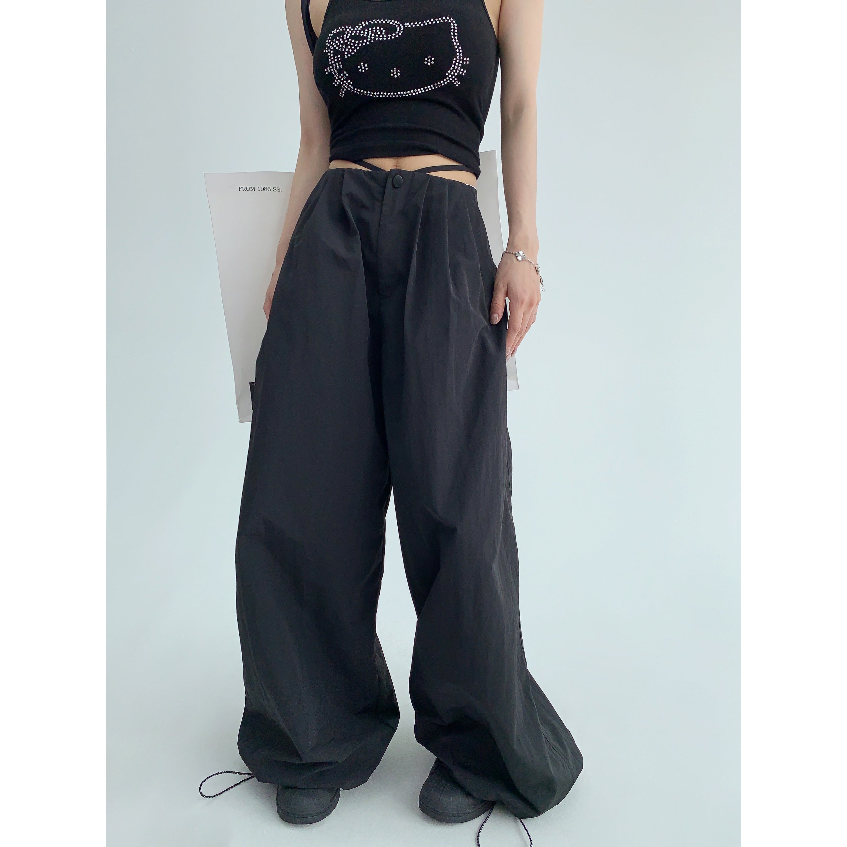 Strap Waist Wide-Leg Drawstring Pants MW9128