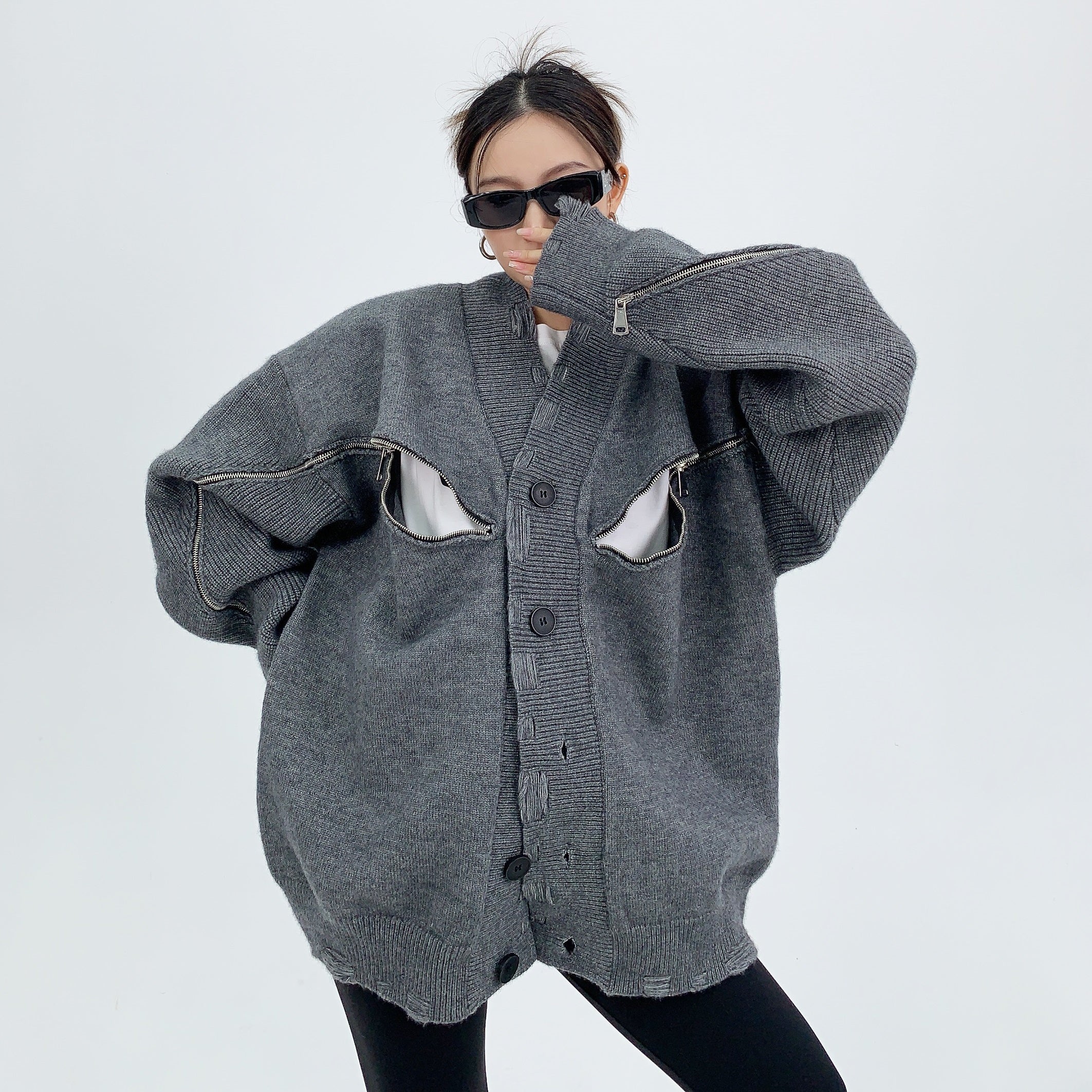 Zipper Design Loose Knitted Cardigan MW9045