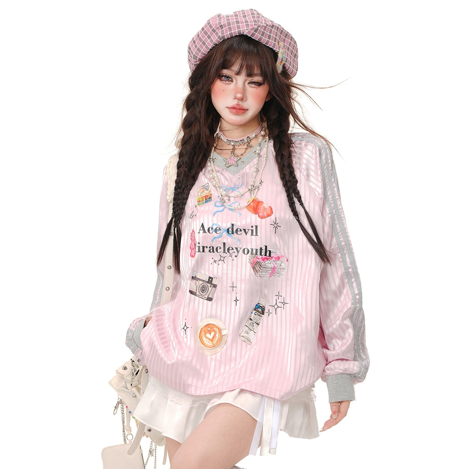 Shiny Stripe V-Neck Long Sleeve Girly T-Shirt KK2003