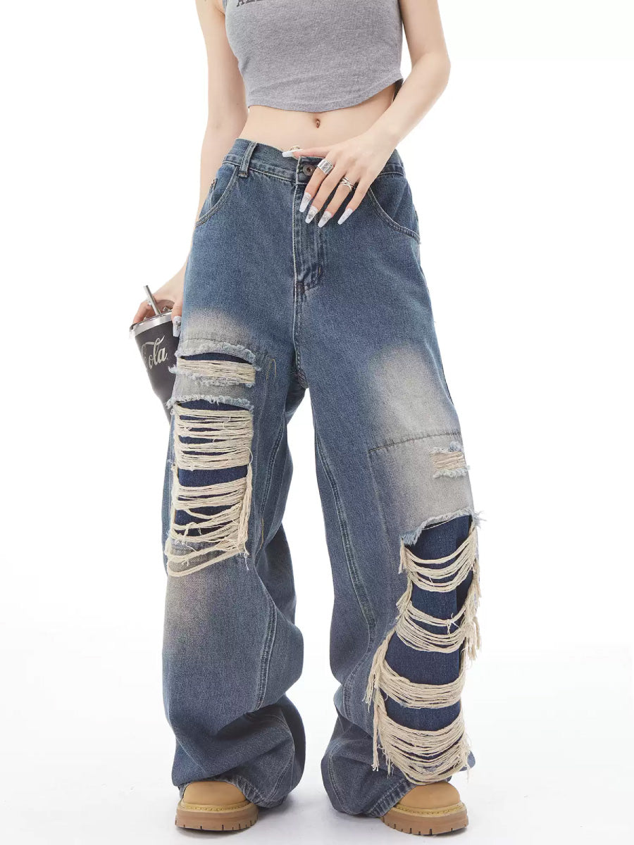 Damaged baggy denim pants PT7011