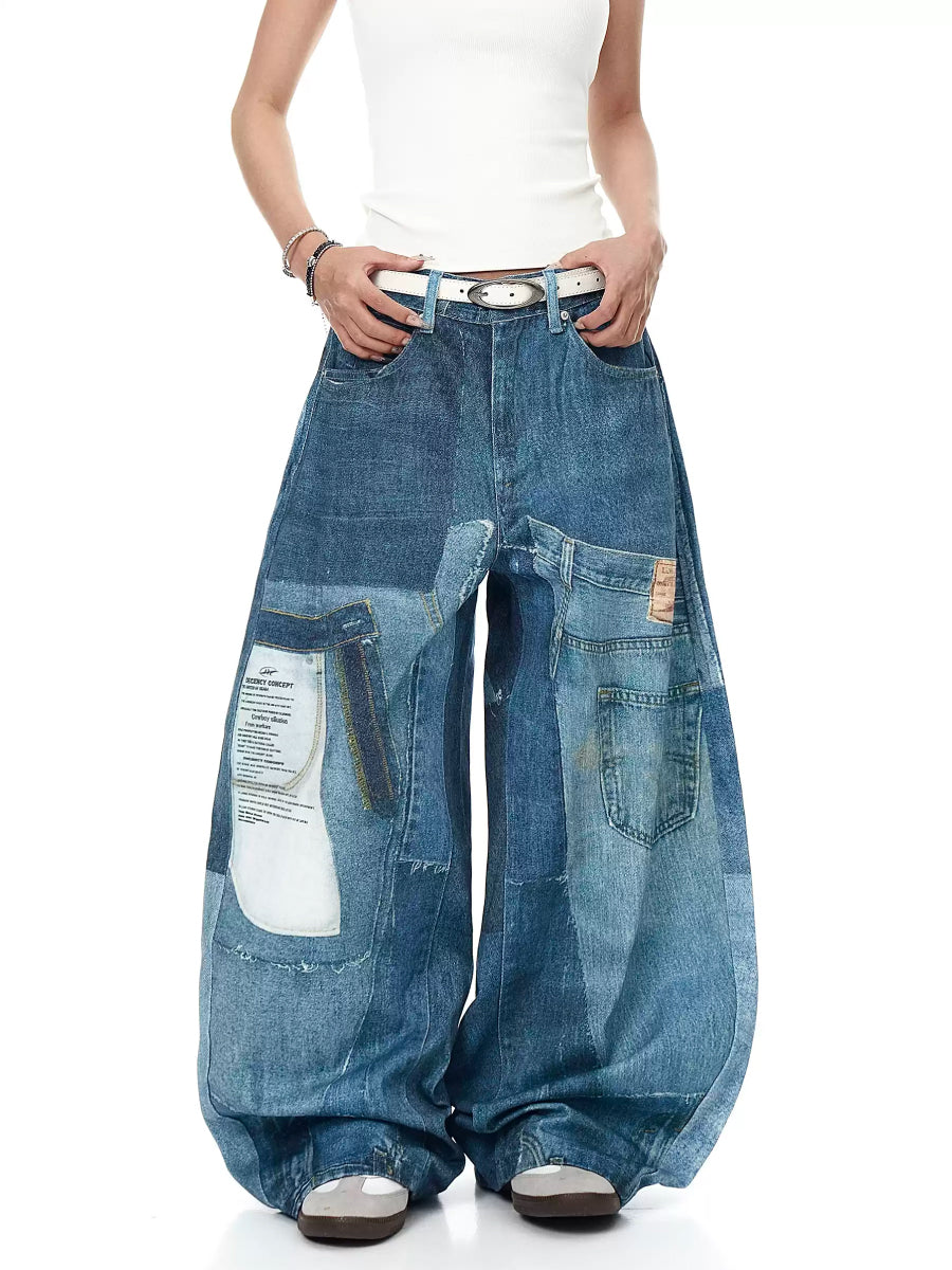 Patchwork Style Wide-leg Jeans KK2028