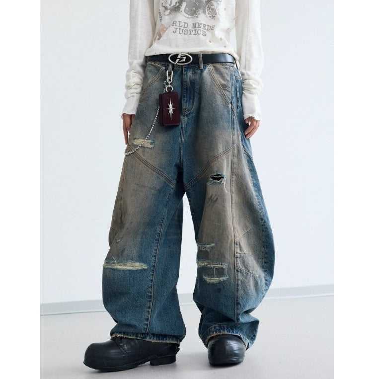 Yellow Mud Dyed Ripped Baggy Cutter Jeans PS7021