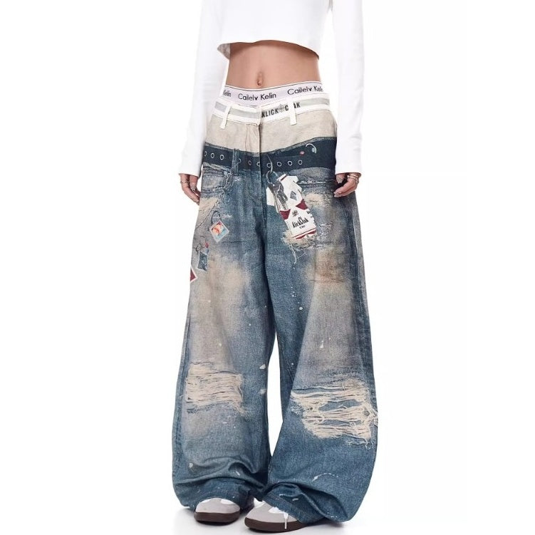 3D Printing Double Waist Distressed Loose Jeans BK7003