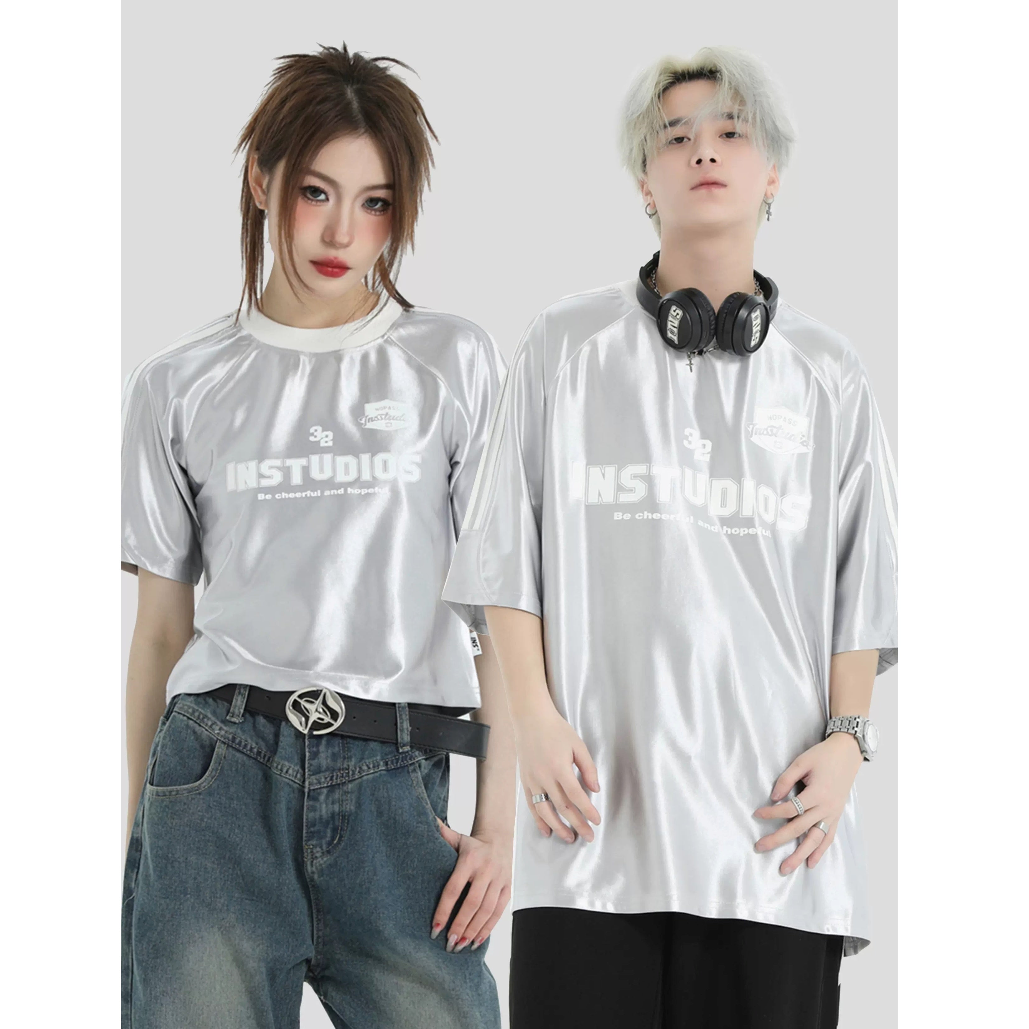 2Length Glossy Three-Bar Raglan Striped T-Shirt MW9116