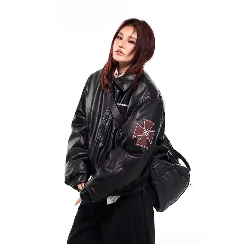Cross Embroidery PU Leather Jacket MW10307