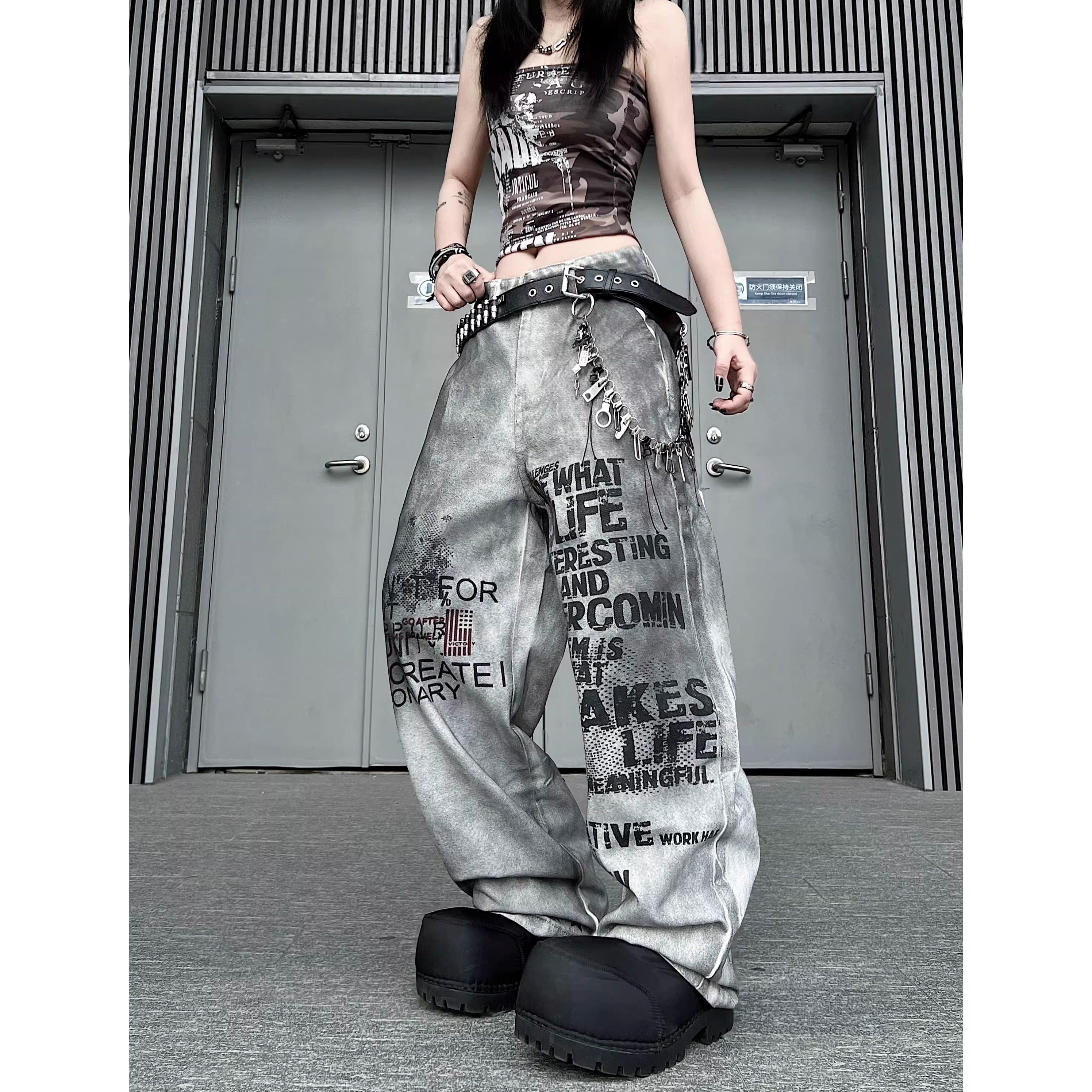 Stained Letter Star Graffiti Print Wide-leg Pants MW10355