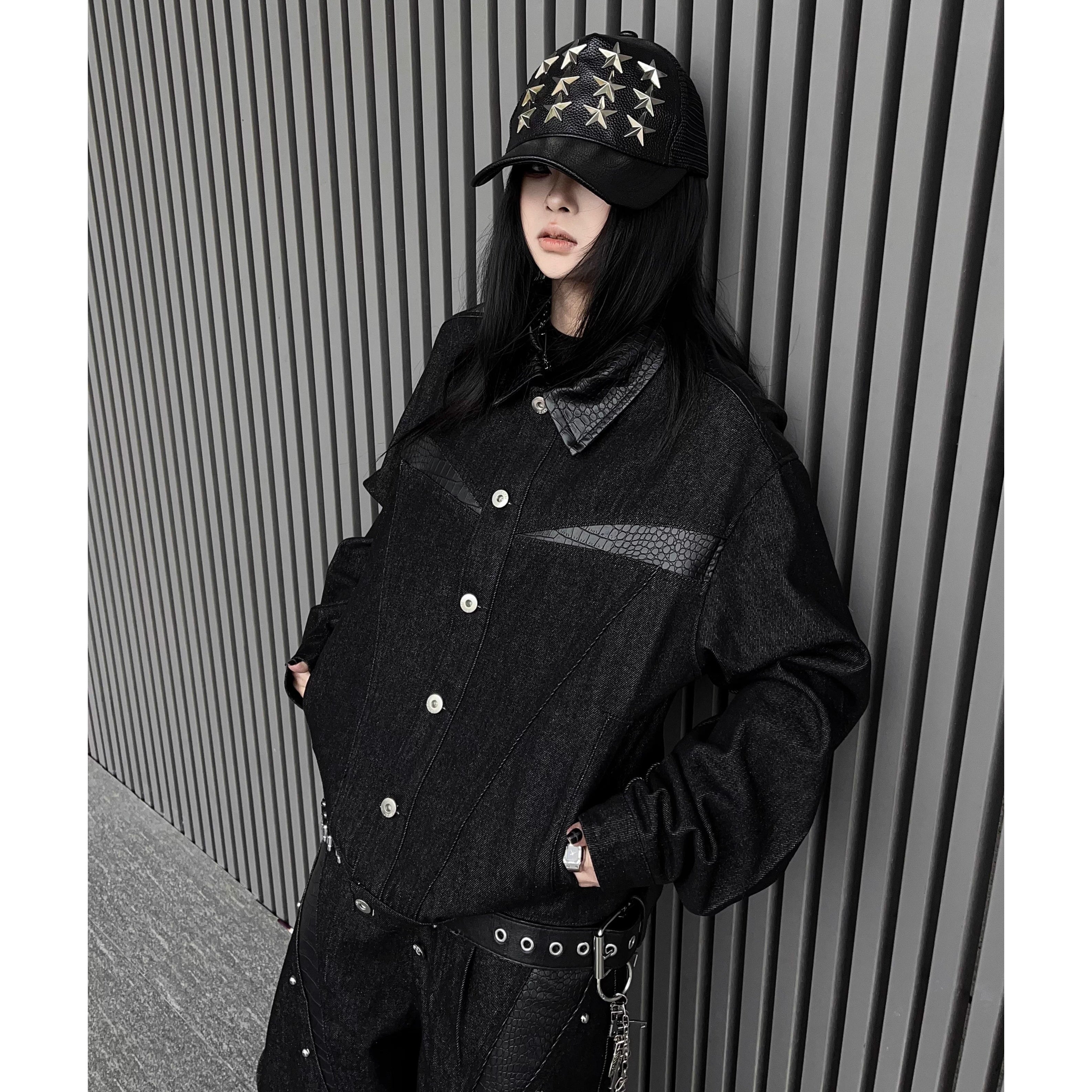 Leather Patchwork Black Denim Jacket MW10344
