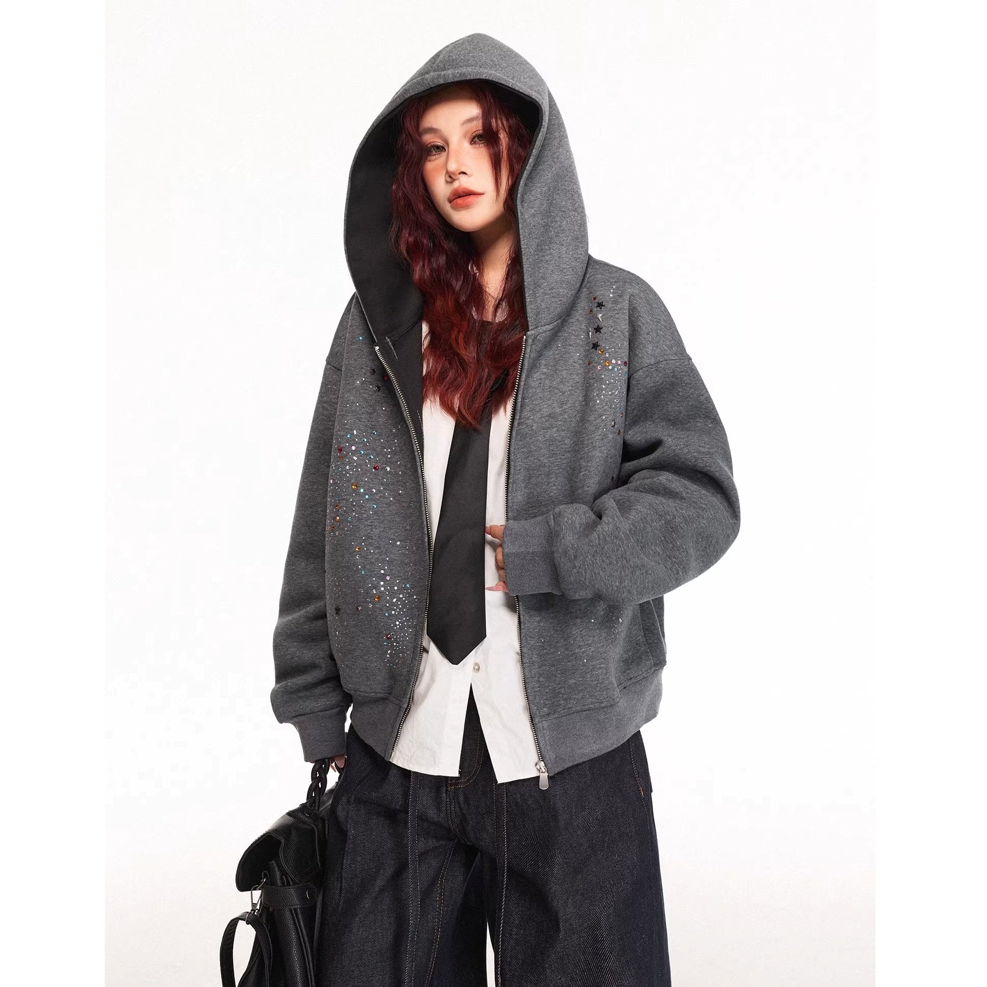 Rhinestone Design Zip Sweat Hoodie Jacket MW10314