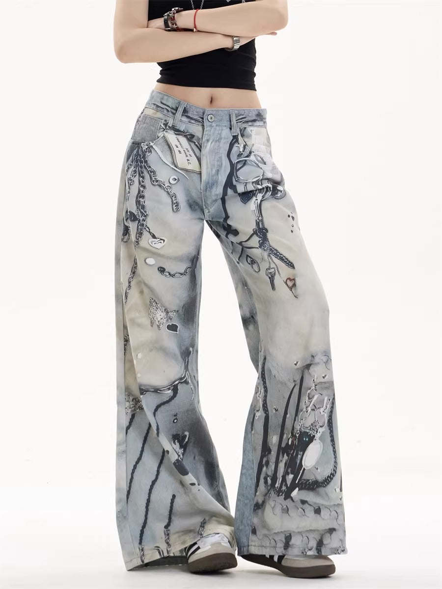 Chain Tag Graffiti Printed Washed Wide-leg Jeans MW10308