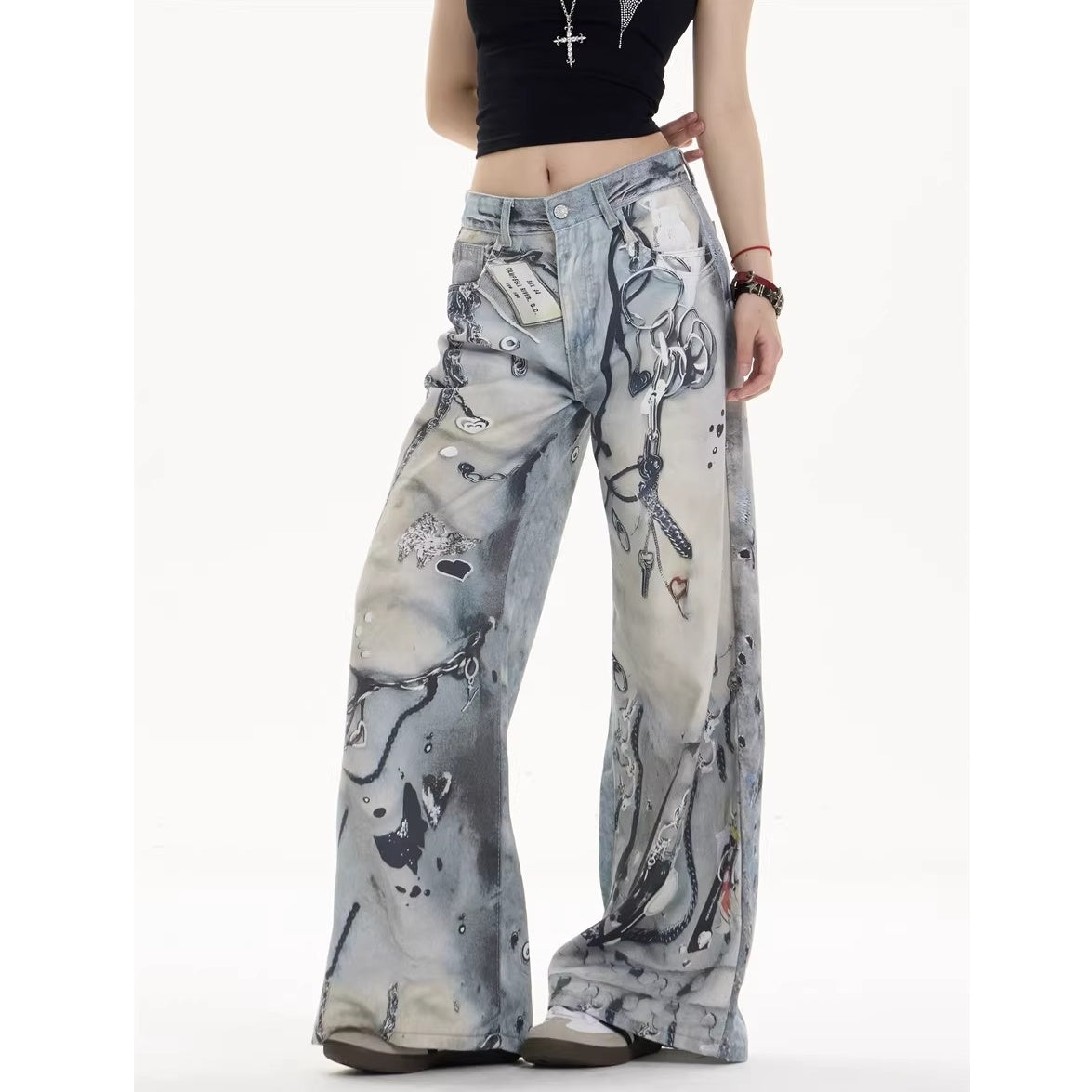 Chain Tag Graffiti Printed Washed Wide-leg Jeans MW10308