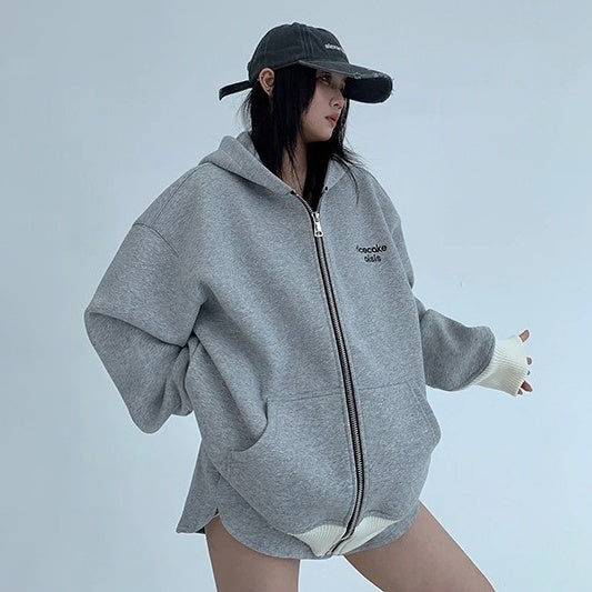 Contrast Embroidery Zip Hooded Jacket OS2043