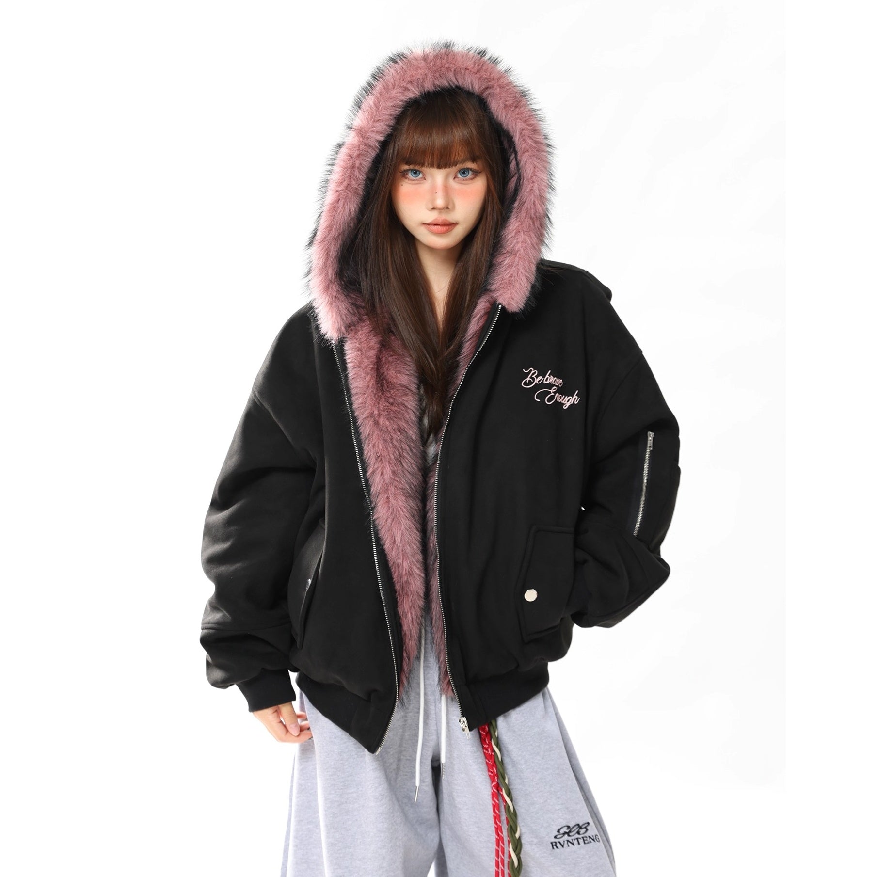 Letter Embroidery Carving Fur Collar Hooded Jacket MW10294