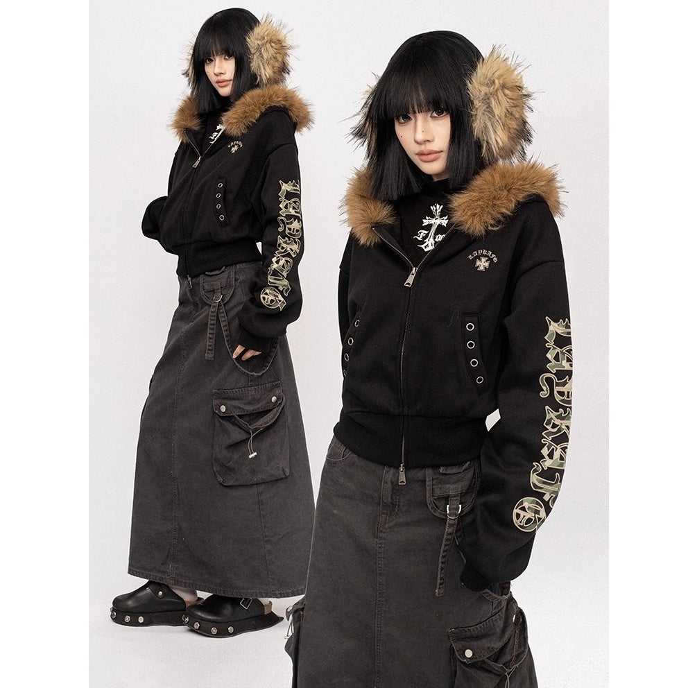 Fur Collar Hooded Short Sweat Jacket MW10291