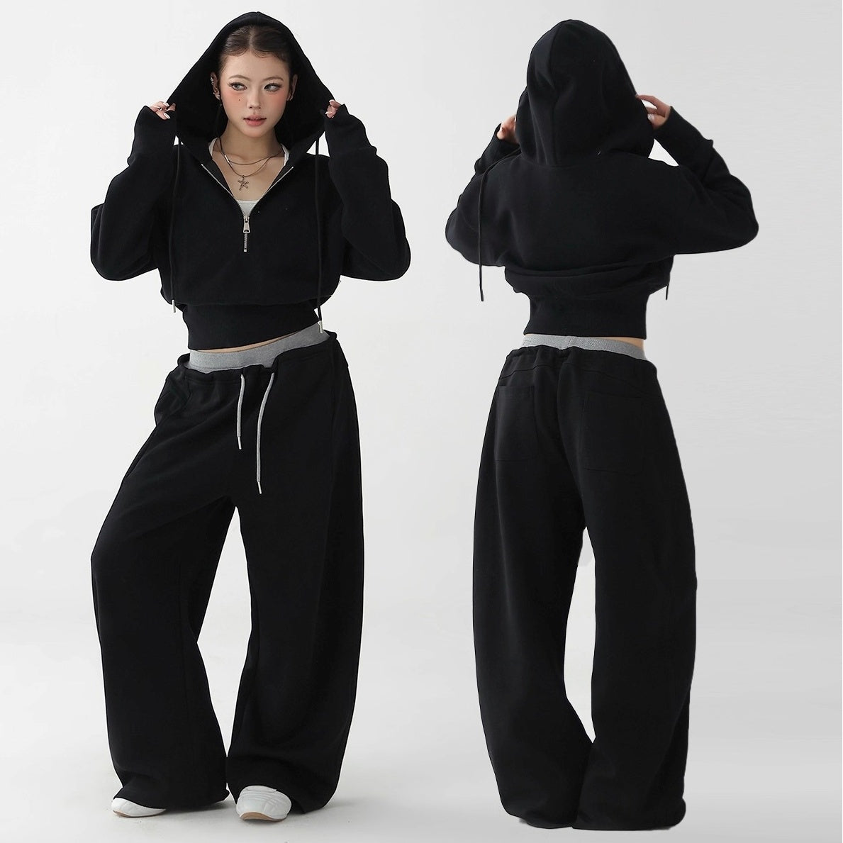 【上下別売り】Half-ZIP Cropped Hoodie & Loose Pants Set-up AC7159