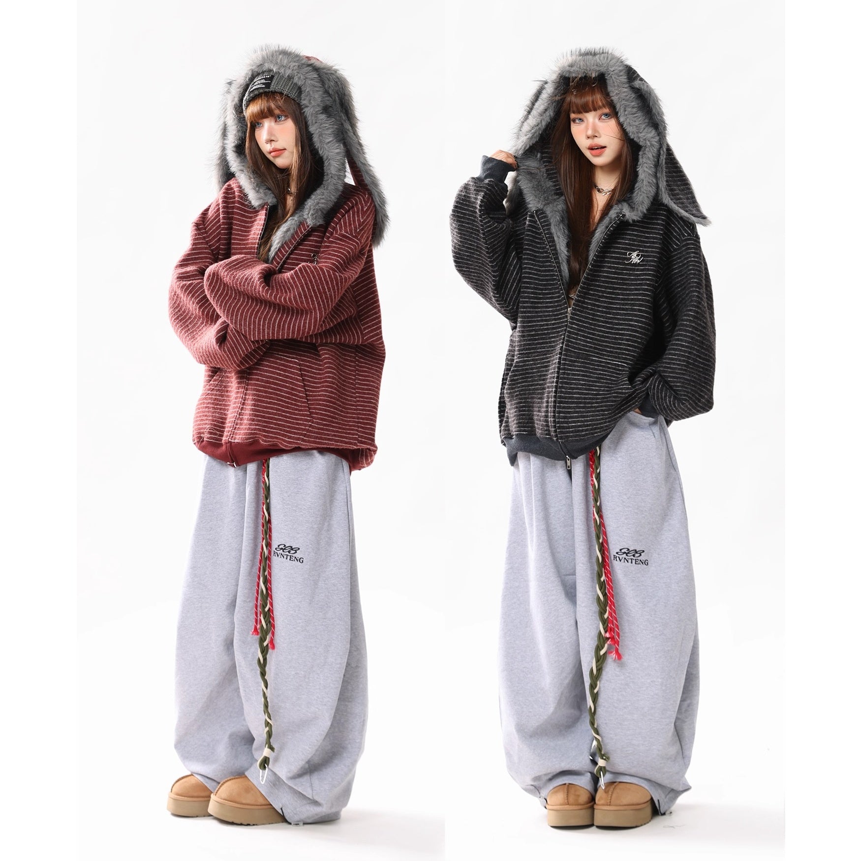 Fur Collar Rabbit Ear Border Zip Hooded Parka MW10293